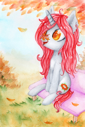 Size: 2022x3000 | Tagged: safe, artist:0okami-0ni, oc, oc only, pony, unicorn, autumn, bench, full body, high res, leaf, leaves, sitting, solo, traditional art, watercolor painting