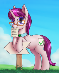 Size: 1280x1589 | Tagged: safe, artist:shydale, oc, oc only, oc:checkbox, pony, unicorn, bipedal, bipedal leaning, collar, female, glasses, grass, leaning, mare, mouth hold, necktie, paper, sign, solo