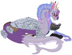 Size: 1307x1005 | Tagged: safe, artist:bijutsuyoukai, oc, oc only, oc:chaotica harmonia, draconequus, hybrid, 50 shades of neigh, blushing, book, colored wings, female, glasses, interspecies offspring, multicolored wings, offspring, parent:discord, parent:twilight sparkle, parents:discolight, prone, reading, shark tail, simple background, solo, transparent background