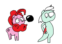 Size: 856x611 | Tagged: safe, lyra heartstrings, pinkie pie, earth pony, pony, unicorn, g4, 1000 hours in ms paint, bipedal, duo, female, frying pan, lyrabuse, mare, mouth hold, ms paint, no tail, reddened butt, spanking, teary eyes