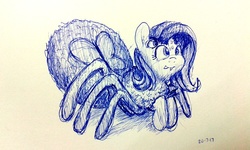 Size: 2048x1232 | Tagged: safe, artist:aemuhn, fluttershy, monster pony, original species, spider, spiderpony, g4, ballpoint pen, fangs, female, multiple eyes, sketch, smiling, solo, species swap, spidershy, traditional art