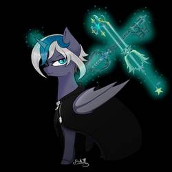Size: 1000x999 | Tagged: safe, artist:sablescales, oc, oc only, oc:elizabat stormfeather, oc:xliazebat, alicorn, bat pony, bat pony alicorn, pony, alicorn oc, black background, clothes, cosplay, costume, crossover, disney, female, glowing horn, hoodie, horn, keyblade, kingdom hearts, mare, oathkeeper, organization xiii, roxas, simple background, solo
