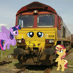 Size: 720x720 | Tagged: safe, artist:dwayneflyer, derpibooru exclusive, sunset shimmer, twilight sparkle, oc, oc:freightship forgetter, alicorn, human, object pony, original species, train pony, unicorn, g4, br class 66, easter egg (media), emd, flying, front view, irl, irl human, looking up, photo, railquestrian, standing, train, twilight sparkle (alicorn)