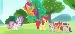 Size: 3367x1531 | Tagged: safe, artist:galaxyswirlsyt, apple bloom, scootaloo, sweetie belle, oc, oc:easy dance, oc:explosion loo, oc:gentle mash, earth pony, pegasus, pony, unicorn, g4, cutie mark crusaders, female, filly, flying, offspring, older, parent:apple bloom, parent:button mash, parent:rumble, parent:scootaloo, parent:sweetie belle, parent:tender taps, parents:rumbloo, parents:sweetiemash, parents:tenderbloom, rainbow, scootaloo can fly, tree