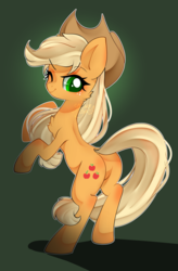 Size: 1000x1528 | Tagged: safe, artist:snow angel, applejack, earth pony, pony, g4, applejack's hat, chest fluff, cowboy hat, female, gradient background, green background, hat, looking back, mare, one eye closed, rearing, smiling, solo, wink