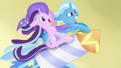 Size: 1280x720 | Tagged: safe, artist:jbond, starlight glimmer, trixie, pony, unicorn, g4, cape, clothes, duo, female, guardians of harmony, hat, mare, open mouth, rocket, simple background, smiling, stars, toy, toy interpretation, trixie's cape, trixie's hat, trixie's rocket