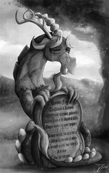 Size: 950x1500 | Tagged: safe, artist:jamescorck, discord, draconequus, g4, crying, epitaph, eyes closed, facial hair, goatee, gravestone, grayscale, grieving, immortality blues, implied death, implied fluttershy, male, monochrome, sad, solo, tree