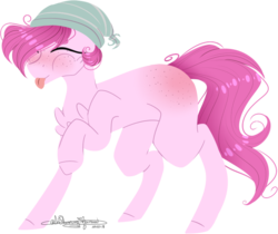Size: 739x622 | Tagged: safe, artist:ohflaming-rainbow, oc, oc only, oc:strawberry, earth pony, pony, blank flank, chest fluff, dislocated legs, eyes closed, male, not pinkie pie, simple background, solo, stallion, tongue out, transparent background