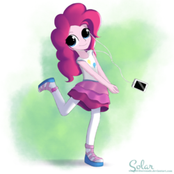 Size: 1000x1000 | Tagged: safe, artist:songbirdserenade, pinkie pie, equestria girls, g4, my little pony equestria girls: better together, big eyes, female, headset, ipod, simple background, solo