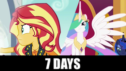 Size: 1920x1080 | Tagged: safe, edit, edited screencap, screencap, princess celestia, princess luna, sunset shimmer, alicorn, pony, equestria girls, equestria girls specials, g4, my little pony equestria girls: better together, my little pony equestria girls: forgotten friendship, 7 days, angry, caption, cloud, countdown, crown, geode of empathy, it's happening, jewelry, meme, portal, princess, regalia, royal sisters, royalty, the ring, throne, throne room
