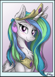 Size: 1714x2400 | Tagged: safe, artist:check3256, princess celestia, alicorn, pony, blushing, bust, chest fluff, crown, female, jewelry, looking at you, mare, necklace, portrait, regalia, smiling, solo
