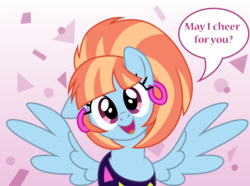 Size: 1073x800 | Tagged: safe, artist:cloudy glow, windy whistles, pegasus, pony, g4, 80's fashion, 80s, bronybait, clothes, cute, dialogue, ear piercing, earring, female, jewelry, looking at you, mare, piercing, smiling, solo, speech bubble, windybetes, younger