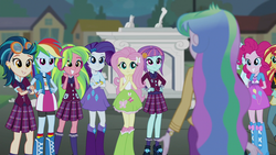 Size: 1280x720 | Tagged: safe, screencap, fluttershy, indigo zap, lemon zest, pinkie pie, princess celestia, principal celestia, rainbow dash, rarity, sugarcoat, sunny flare, sunset shimmer, equestria girls, g4, my little pony equestria girls: friendship games, clothes, crystal prep academy uniform, crystal prep shadowbolts, female, school uniform