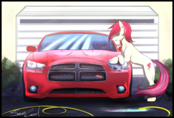 Size: 2000x1360 | Tagged: safe, artist:sakuracheetah, roseluck, earth pony, pony, g4, bipedal, bipedal leaning, car, commission, dodge (car), dodge charger, female, leaning, looking at you, solo
