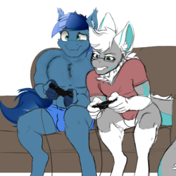 Size: 1278x1278 | Tagged: artist needed, safe, oc, oc:johan, anthro, boxers, clothes, couch, duo, gaming, muscles, non-mlp oc, partial nudity, pecs, topless, underwear
