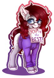 Size: 1770x2565 | Tagged: safe, artist:gaelledragons, oc, oc only, oc:marie, earth pony, pony, blushing, clothes, commission, cute, female, fluffy, glasses, hoodie, looking at you, mare, mouth hold, note, ocbetes, sign, simple background, transparent background, unshorn fetlocks, ych result