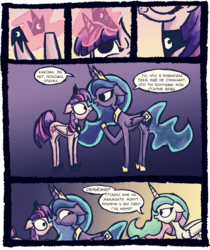 Size: 1487x1770 | Tagged: safe, artist:foxy-noxy, edit, princess celestia, princess luna, twilight sparkle, alicorn, pony, g4, accessory swap, caught, comic, coup, cyrillic, fake cutie mark, female, floppy ears, frown, looking back, magic, mare, revolution, role reversal, roleplaying, russian, translation, twilight sparkle (alicorn), unamused, wide eyes