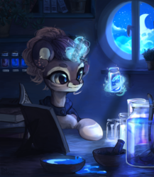 Size: 2000x2300 | Tagged: safe, artist:graypillow, oc, oc only, oc:helvetica somnos, pony, unicorn, book, cape, clothes, ear piercing, earring, female, glowing horn, high res, horn, jewelry, levitation, magic, mare, moon, moonlight, mortar and pestle, night, piercing, potion, solo, telekinesis, window