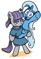 Size: 500x728 | Tagged: safe, artist:foudubulbe, maud pie, trixie, earth pony, pony, unicorn, comic:damp rocks, g4, bipedal, clothes, duo, female, lesbian, lidded eyes, looking at you, mare, ship:mauxie, shipping, simple background, smiling