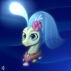 Size: 2200x2200 | Tagged: safe, artist:justafallingstar, princess skystar, seapony (g4), g4, my little pony: the movie, bioluminescent, bubble, bust, cute, female, flower, flower in hair, flowing mane, glowing, high res, jewelry, looking at you, necklace, ocean, pearl necklace, peytral, portrait, scales, seaquestria, seashell, seashell necklace, simple background, smiling, smiling at you, solo, underwater, water