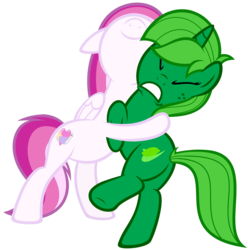 Size: 1039x1048 | Tagged: safe, artist:comfydove, oc, oc only, oc:comfy dove, oc:lime dream, pegasus, pony, unicorn, bear hug, birthday, cute, duo, female, hug, mare, paint.net, simple background, transparent background, vector