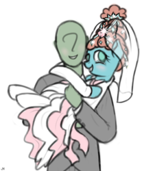 Size: 580x700 | Tagged: safe, artist:jh, meadowbrook, oc, oc:anon, human, pony, g4, blushing, bridal carry, canon x oc, clothes, dress, female, interspecies, male, mare, married couple, meadowcute, wedding dress, wedding veil
