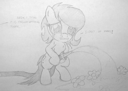 Size: 1300x933 | Tagged: artist needed, source needed, useless source url, safe, oc, oc:anon, oc:filly anon, bipedal, crying, dialogue, female, filly, flower, grayscale, hoof hold, hose, implied twilight sparkle, monochrome, offscreen character, traditional art