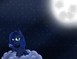 Size: 1300x1000 | Tagged: safe, artist:lazerblues, princess luna, alicorn, pony, g4, cloud, cutie mark, female, full moon, hooves, horn, jewelry, mare, moon, night, night sky, on a cloud, regalia, sitting, sitting on a cloud, sky, solo, stars, tiara, tongue out, waving, wings