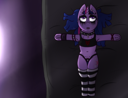 Size: 1300x1000 | Tagged: safe, artist:lazerblues, twilight sparkle, g4, armpits, bed, choker, clothes, collar, ear piercing, emo, female, frog (hoof), goth, makeup, outstretched arms, panties, piercing, running makeup, socks, solo, striped socks, underhoof, underwear