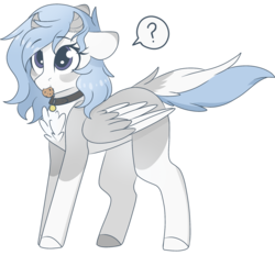 Size: 2048x1900 | Tagged: safe, artist:cinnamontee, oc, oc only, oc:rin, pegasus, pony, chest fluff, collar, cookie, eating, female, floppy ears, food, horns, mare, mouth hold, pictogram, question mark, simple background, solo, transparent background