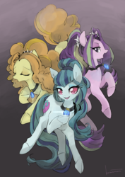 Size: 905x1280 | Tagged: safe, artist:kuzumori, adagio dazzle, aria blaze, sonata dusk, earth pony, pony, siren, g4, abstract background, cloven hooves, colored, commission, digital drawing, equestria girls ponified, eyes closed, fanfic art, female, floating, gem, gift art, gradient background, mare, pixiv, ponified, shading, signed, simple background, singing, siren gem, sirens doing siren things, smiling, the dazzlings, trio