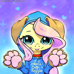 Size: 3000x3000 | Tagged: safe, artist:itsalwayspony, fluttershy, pony, g4, clothes, collar, costume, cute, dog ears, female, high res, hoodie, looking at you, mare, paw gloves, paw pads, paw prints, shyabetes, smiling, solo, tongue out