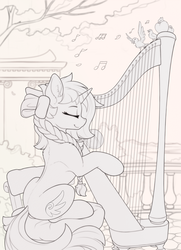 Size: 1820x2520 | Tagged: safe, artist:yakovlev-vad, oc, oc only, pony, songbird, unicorn, bow, braid, eyes closed, female, hair bow, harp, mare, monochrome, musical instrument, sitting, smiling, solo