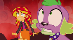 Size: 1280x714 | Tagged: safe, screencap, spike, sunset shimmer, dog, equestria girls, g4, my little pony equestria girls: rainbow rocks, clothes, female, male, skirt, spike the dog, sunset shimmer's skirt, worried