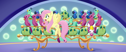 Size: 1920x804 | Tagged: safe, screencap, angel bunny, fluttershy, bird, parrot, pegasus, pony, rabbit, songbird, g4, my little pony: the movie, disguise, female, flying, male, mare, spread wings, surprised, unamused, wings