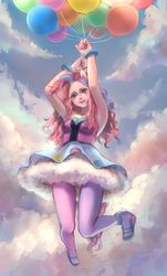 Size: 1081x1785 | Tagged: safe, artist:yikelizi905, pinkie pie, human, g4, armpits, balloon, clothes, eared humanization, floating, humanized, rainbow power, stockings, then watch her balloons lift her up to the sky, thigh highs