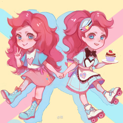 Size: 1300x1300 | Tagged: safe, artist:yikelizi905, pinkie pie, coinky-dink world, equestria girls, g4, my little pony equestria girls: summertime shorts, cupcake, female, food, holding hands, looking at you, roller skates, self paradox, server pinkie pie