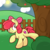 Size: 1024x1024 | Tagged: safe, artist:vaetan, apple bloom, earth pony, pony, g4, apple tree, applebucking, cloud, female, fence, filly, solo, sun, tree