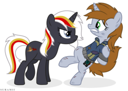 Size: 6475x4620 | Tagged: safe, artist:suramii, oc, oc only, oc:littlepip, oc:velvet remedy, pony, unicorn, fallout equestria, absurd resolution, angry, clothes, duo, fanfic, fanfic art, female, hooves, horn, jumpsuit, mare, pipbuck, simple background, teeth, transparent background, vault suit