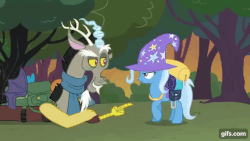 Size: 640x360 | Tagged: useless source url, safe, screencap, discord, trixie, draconequus, pony, unicorn, g4, season 6, to where and back again, accessory theft, animated, backpack, bunny out of the hat, clothes, discord being discord, duality, eye contact, female, frown, gif, gifs.com, glare, grin, hat, horn, horn grab, lidded eyes, looking at each other, magic trick, male, mare, open mouth, raised hoof, self ponidox, smiling, smirk, talking, trixie's hat, wide eyes