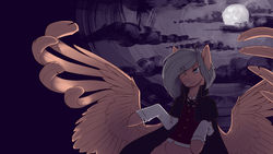 Size: 1920x1080 | Tagged: safe, artist:shinizavr, oc, oc only, oc:gearsy septima, pegasus, pony, clothes, cloud, costume, crossover, female, grin, mare, moon, night, smiling, solo