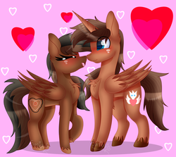 Size: 3310x2955 | Tagged: safe, artist:tomboygirl45, oc, oc only, oc:courageous heart, alicorn, pegasus, pony, alicorn oc, chest fluff, commission, female, heart, high res, male, mare, oc x oc, shipping, straight