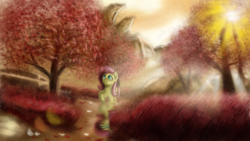 Size: 2440x1373 | Tagged: safe, artist:qbellas, fluttershy, pegasus, pony, g4, crepuscular rays, female, forest, lens flare, looking at something, looking up, mare, raised hoof, solo, tree, walking