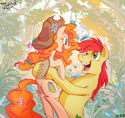 Size: 659x619 | Tagged: safe, artist:jowyb, bright mac, pear butter, earth pony, pony, g4, accessory swap, brightabetes, couple, cowboy hat, cute, daaaaaaaaaaaw, duo, female, flower, flower in hair, happy, hat, male, mare, pearabetes, ship:brightbutter, shipping, signature, stallion, straight, tree