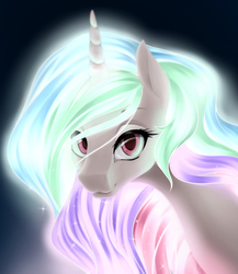 Size: 868x1000 | Tagged: safe, artist:dstears, princess celestia, alicorn, pony, g4, bust, female, glowing, glowing mane, horn, looking at you, mare, princess, royalty, smiling, solo