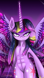 Size: 900x1600 | Tagged: safe, artist:darksly, twilight sparkle, alicorn, pony, g4, abs, belly, belly button, female, multiple wings, muscles, rainbow power, solo, twilight sparkle (alicorn)