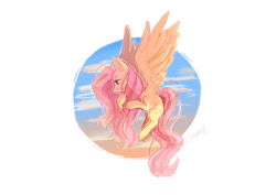 Size: 4961x3508 | Tagged: safe, artist:charubii, fluttershy, pegasus, pony, g4, circle, female, flying, looking away, mare, sky, smiling, solo, spread wings, wings