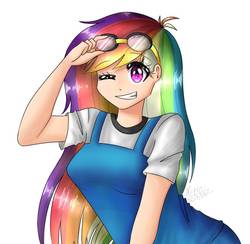 Size: 900x880 | Tagged: safe, artist:kawurin, rainbow dash, human, g4, apron, clothes, female, goggles, humanized, one eye closed, simple background, solo, white background, wink