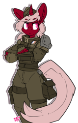 Size: 855x1347 | Tagged: safe, artist:bbsartboutique, oc, oc only, oc:velvet penrose, unicorn, anthro, :<, armor, bag, belt, clothes, ear fluff, female, french flag, frown, gign, hat, lidded eyes, mare, pauldron, rainbow six siege, serious, serious face, simple background, solo, transparent background, twitch, uniform