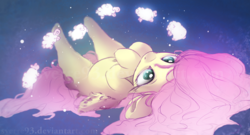 Size: 1600x866 | Tagged: safe, artist:sverre93, fluttershy, pegasus, pony, sheep, g4, counting sheep, cute, female, hooves to the chest, looking at something, looking up, lying down, mare, on back, shyabetes, solo